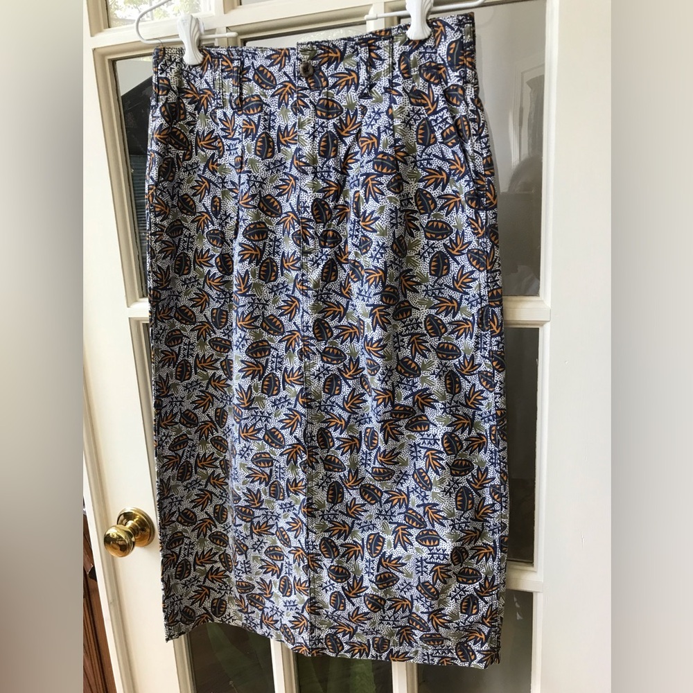 Elegant Blue and Orange Leaf Print A-Line Skirt Size Medium